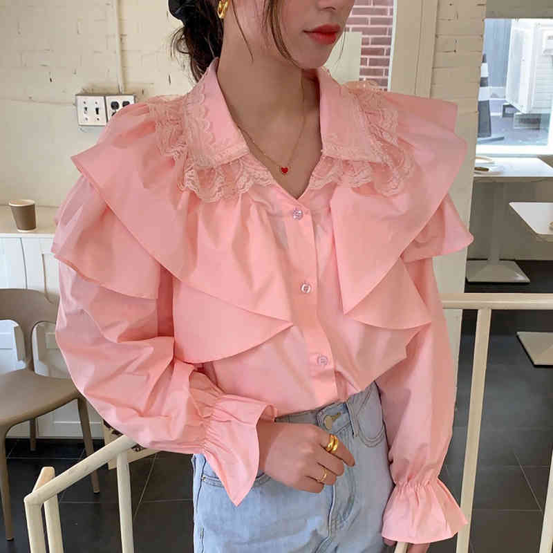 Nomikuma Blouse Women Flare Long Sleeve Lace Patchwork Turn-down Collar Shirt Spring Ruffle Patchwork Causal Blusas 6E092 210427