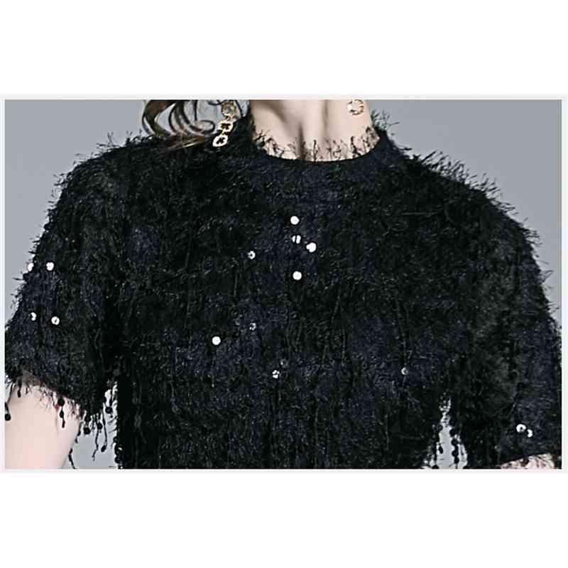 Fashion Runway Summer Dress Women's Short Sleeves Casual Sequin Black Tassel Vintage Patchwork Dresses Vestidos 210520