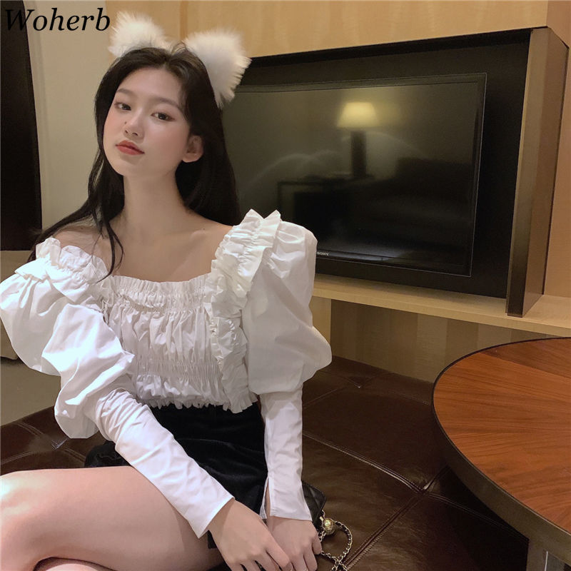 Sexy Off Shoulder Blouse Korean Chic Women Shirt Square Collar Long Puff Sleeve Crop Top Elegant Summer Blusas Mujer 210519