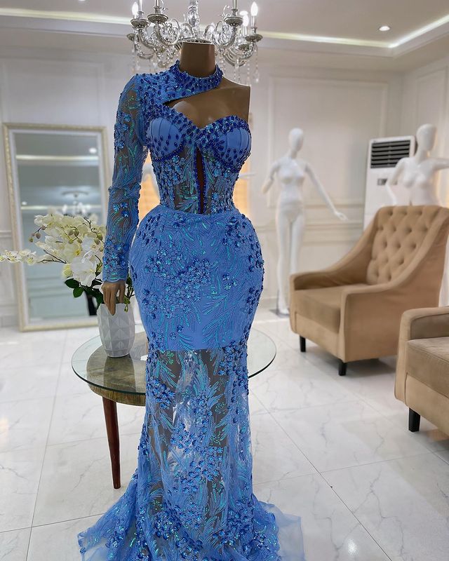 Arabic Size Plus Aso Ebi Blue Urious Mermaid Prom Dresses Lace Beaded Crystals Evening Formal Party Second Reception Gowns Dress ZJ