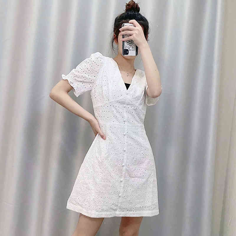 White Embroidered Cotton Mini Dress Women Ruffle Short Sleeve Chic Dresses Summer V Neck Party Dress Robe Femme 210414