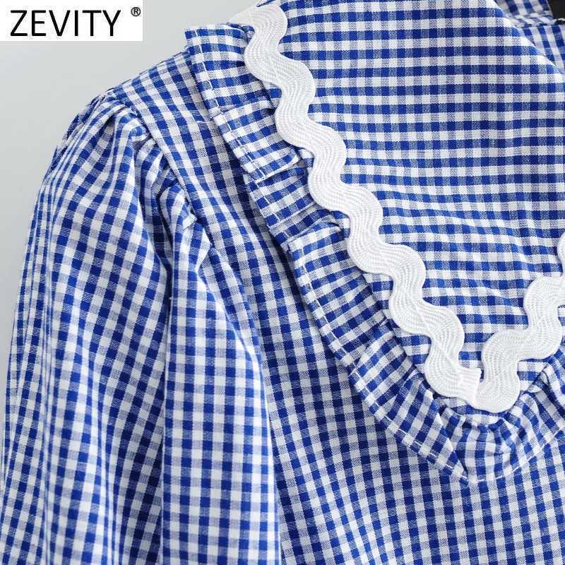 Zevity Women Sweet Peter Pan Collar Plaid Print Casual Blouse Office Lady Puff Sleeve Ruffle Retro French Shirt Chic Tops LS9274 210603