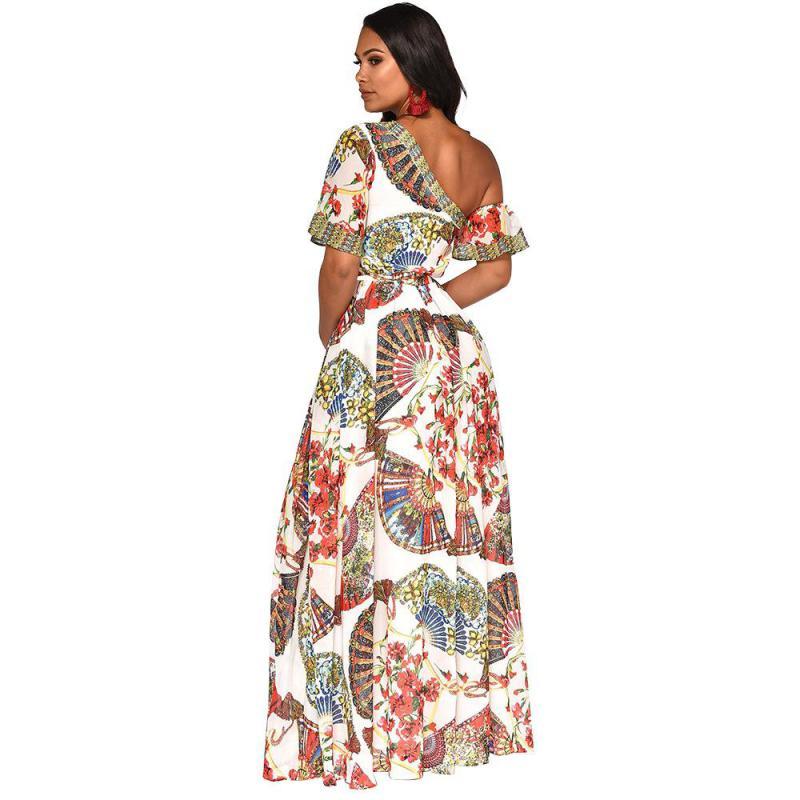 Women Dress Printed Bohemia es Sexy Long Print Floral Maxi Oblique Shoulder Split Plus Size Summer es 210513