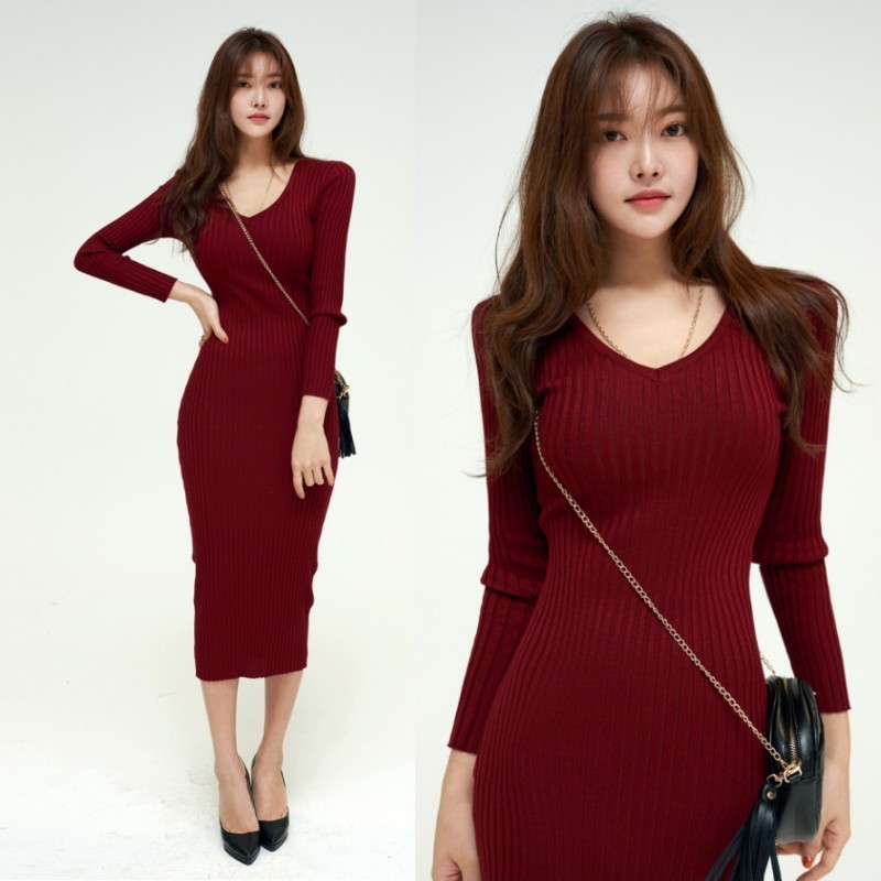 Solid Vintage Long Sleeve Dress Knit Sweater Women V Neck Winter Midi for Clothing Robe Femme 12700 210427
