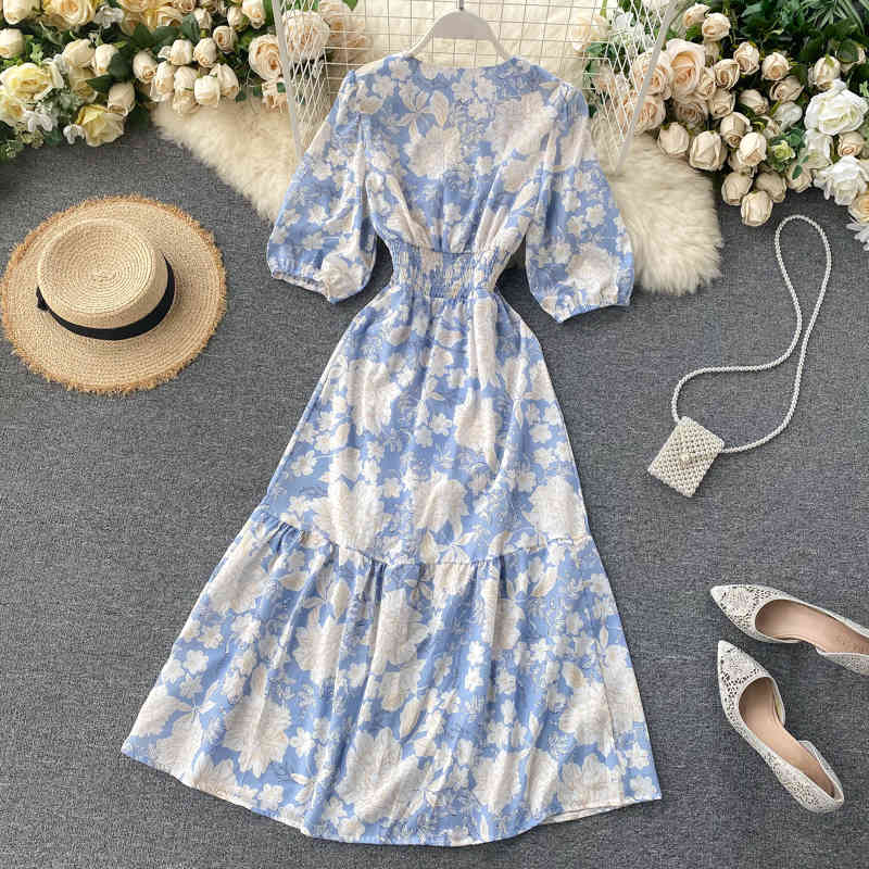 FMFSSOM Summer Spring Floral Printed V-neck Single Breasted Puff Sleeve Women Female A-line High Waist Midi Dress 210329