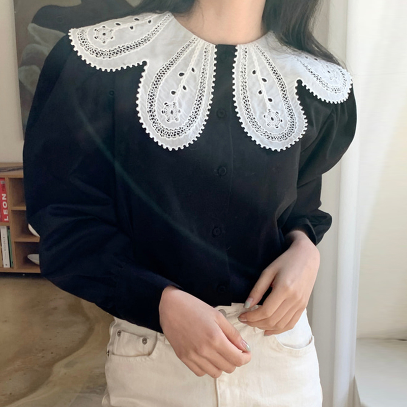 Nomikuma Korean Hook Hollow-out Peter Pan Collar Blouse Causal Puff Long Sleeve Women Shirt Spring Blusas Feminimos 6D873 210427