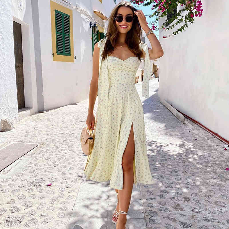 NewAsia Yellow Print Dress Women Summer Sleeveless Tie Up Bow Strap Elegant Midi Dresses Casual Sexy Side Split Floral Dress 210329