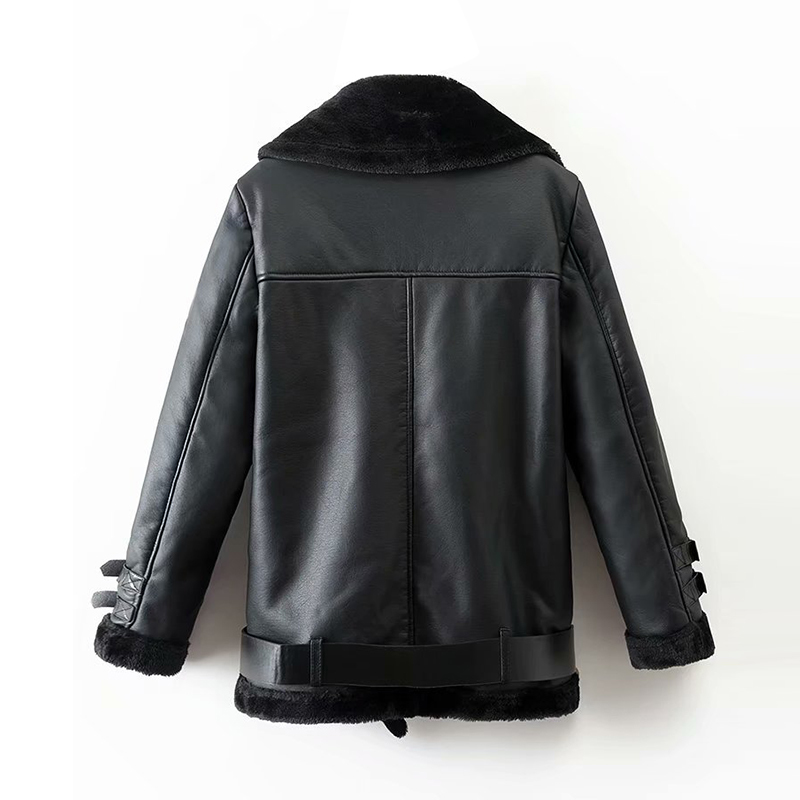 Women Stylish Faux Leather Coat Black Color Fashion PU Jacket With Belt Thicken Warm Long Sleeve Coats Ladies Winter Outerwear 210515