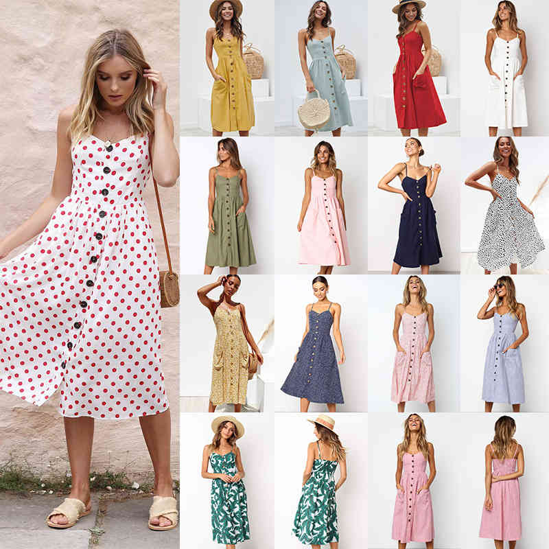 Holiday Beach Party Strap Midi Summer Dress Sexy Button Pocket Tunic Dot Floral Striped Print Female Vintage Dresses Vestidos 210409