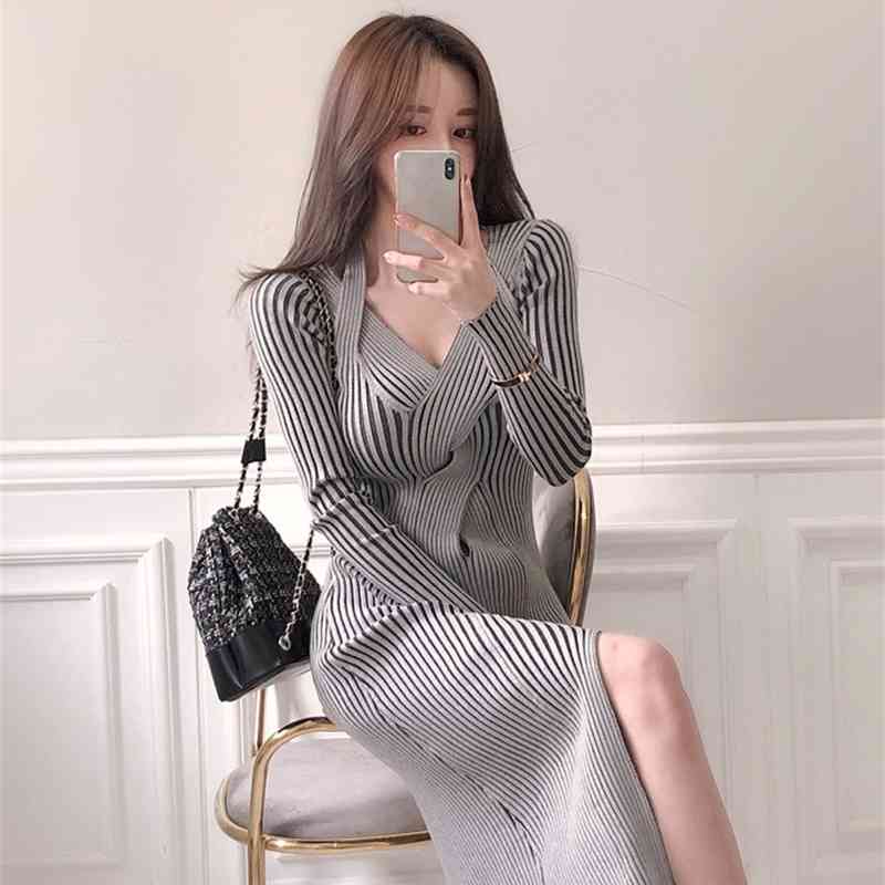 Autumn Winter Women Sexy V-Neck Knitted Dresses Elegant Bottoming Knit Soft Warm Stripe Sweater Slim Slit Vestidos 210519
