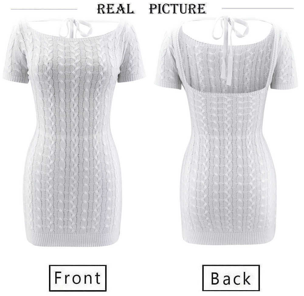 Sexy Women Summer Pencil Dress Casual Square Neck Short Sleeve Backless Bandage High Waist Slim Hips Knitted Mini Vestidos 210526