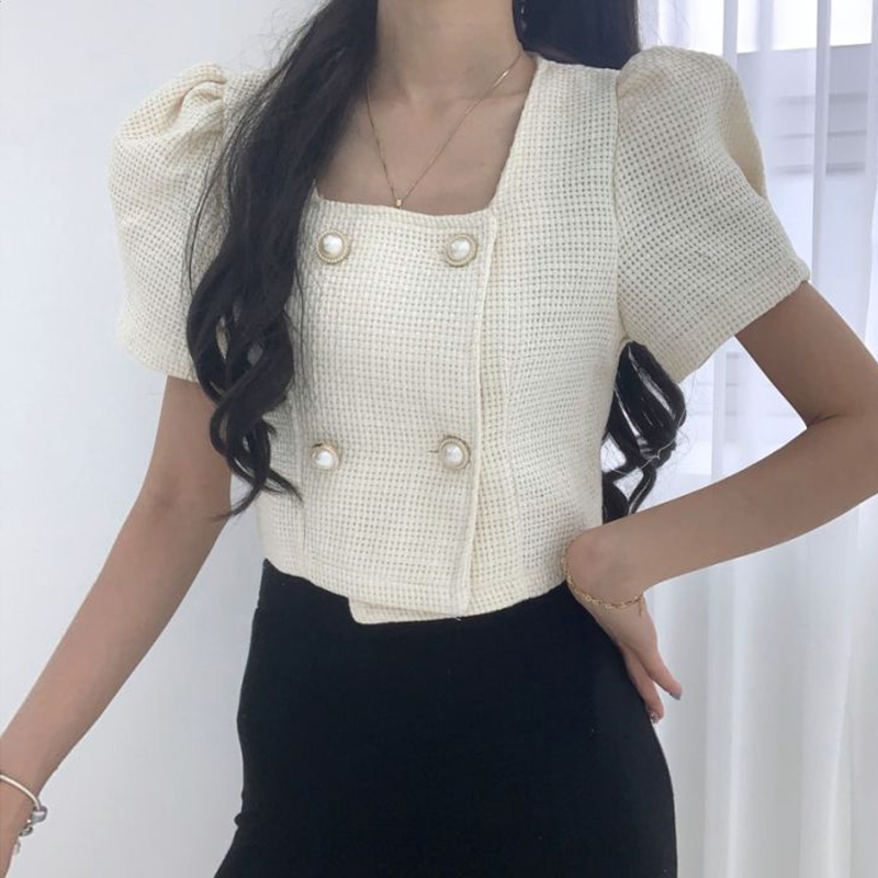 Women Jackets Summer Korean Chic Temperament Square Collar Pearl Double Breasted Puff Sleeve Irregular Tweed Coat 210514