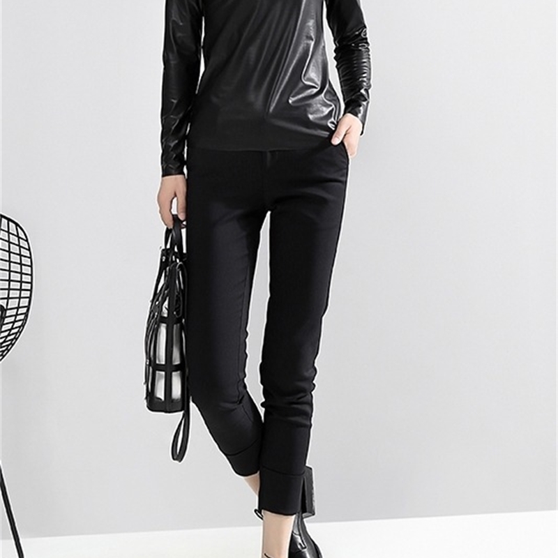 EAM Women Black Brief Pu Leather Temperament Tshirt Stand Collar Long Sleeve Fashion Spring Autumn JY93301 210406