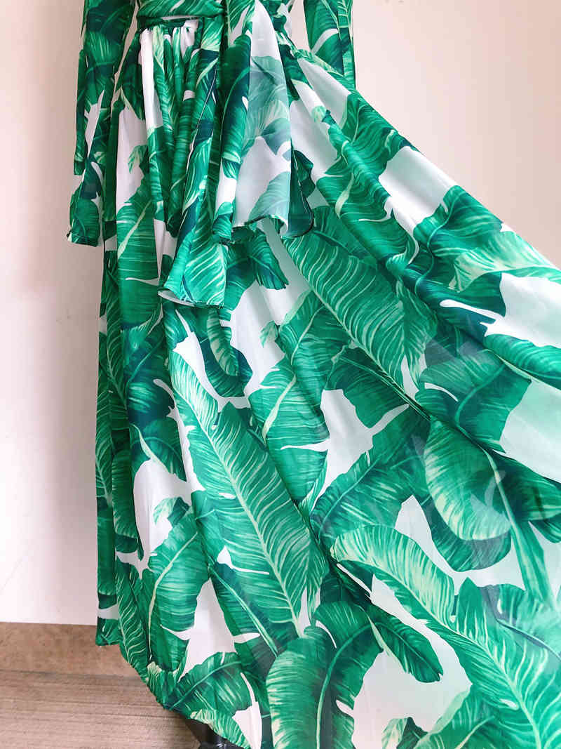 Summer Vacation Bohemian Long Beach Dresses Women Elegant Ruffles Sleeve Green Print Chiffon Maxi Dress Female 210421