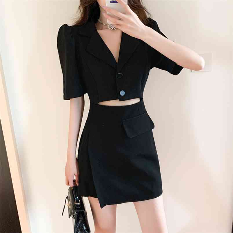Sexy Hollow Out Casual Dress For Women Retro Notched Puff Sleeve High Waist Mini Dresses Female Fashion Clothing 210519