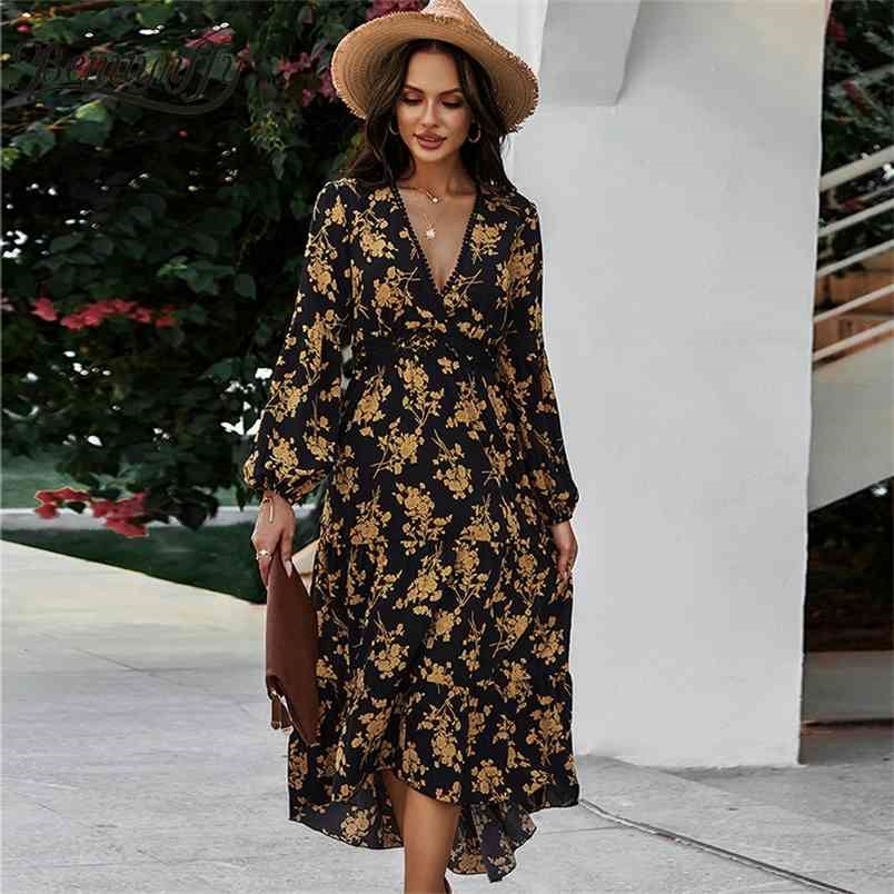 Surplice Neck Floral Print Long Dress Women Spring Holiday Boho Lace Patchwork High Waist Asymmetrical 210510