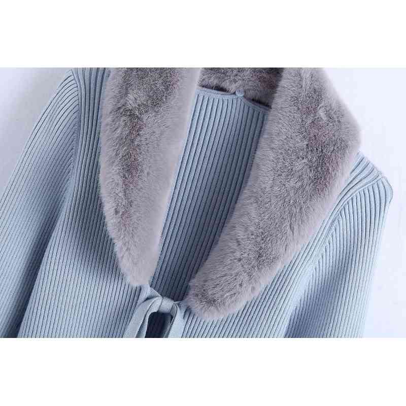 Fashion Fur Collar Women Coats Autumn Patchwork Ladies Knitwears Blue Casual Female Sweaters Bow Sashes Girls Chic 210430