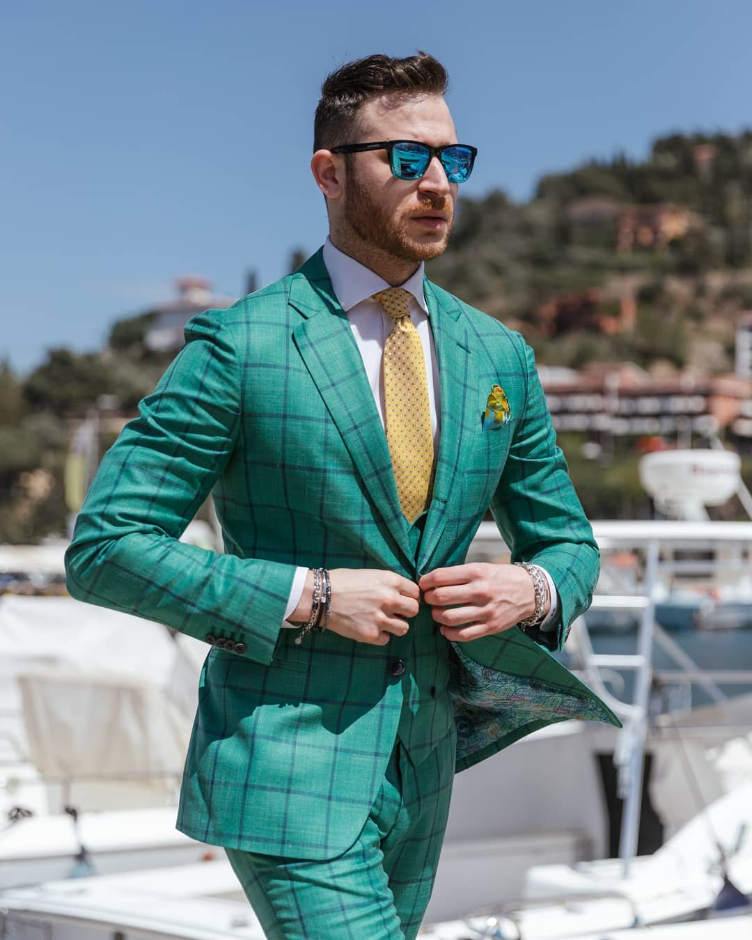 Green Plaid Groom Mens Tuxedos Slim Fit Peaked Lapel Business Wedding Blazer Suits Formal Prom Party Wear(Jacket+Vest+Pants)