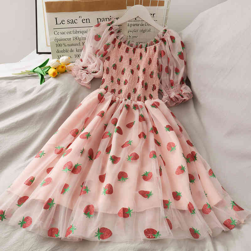 Kimutomo Girls Dress Strawberries Print Sweet Fresh Style Female Slash Neck High Waist Mesh Pleated Vestidos Kawaii 210521