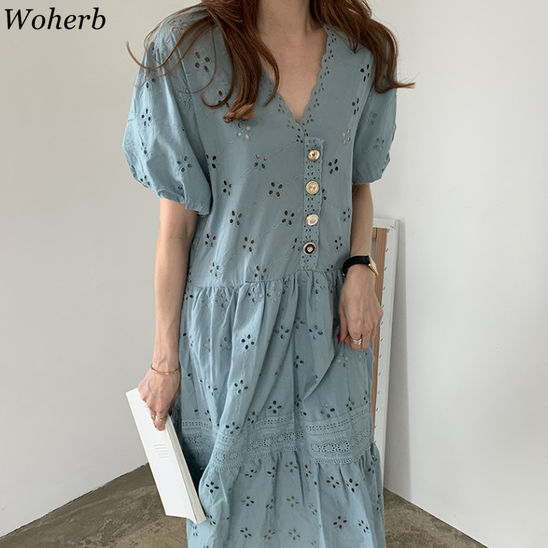 V-neck Woman Summer Maxi Long Dress Lace Hollow Out Puff Sleeve Sexy Robe Loose Ladies Dresses Vintage Korean Vestidos 210519