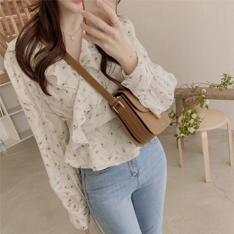 Ruffles Floral Blusas Spring Summer V Neck Vintage Chiffon Blouses Elegant Print Koreean Chic Tops 16139 210415