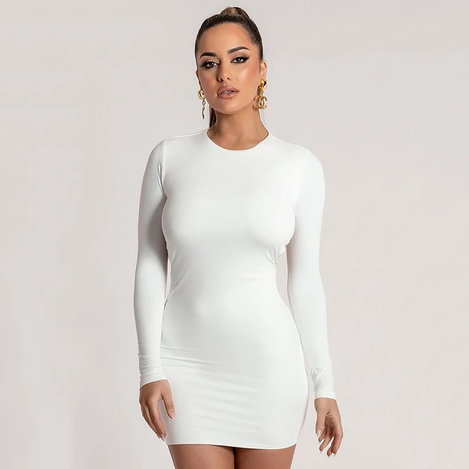 Free Women White Bandage Dress Sexy O-neck Long Sleeve Bodycon Halter Celebrity Club Party Mini Vestidos 210524