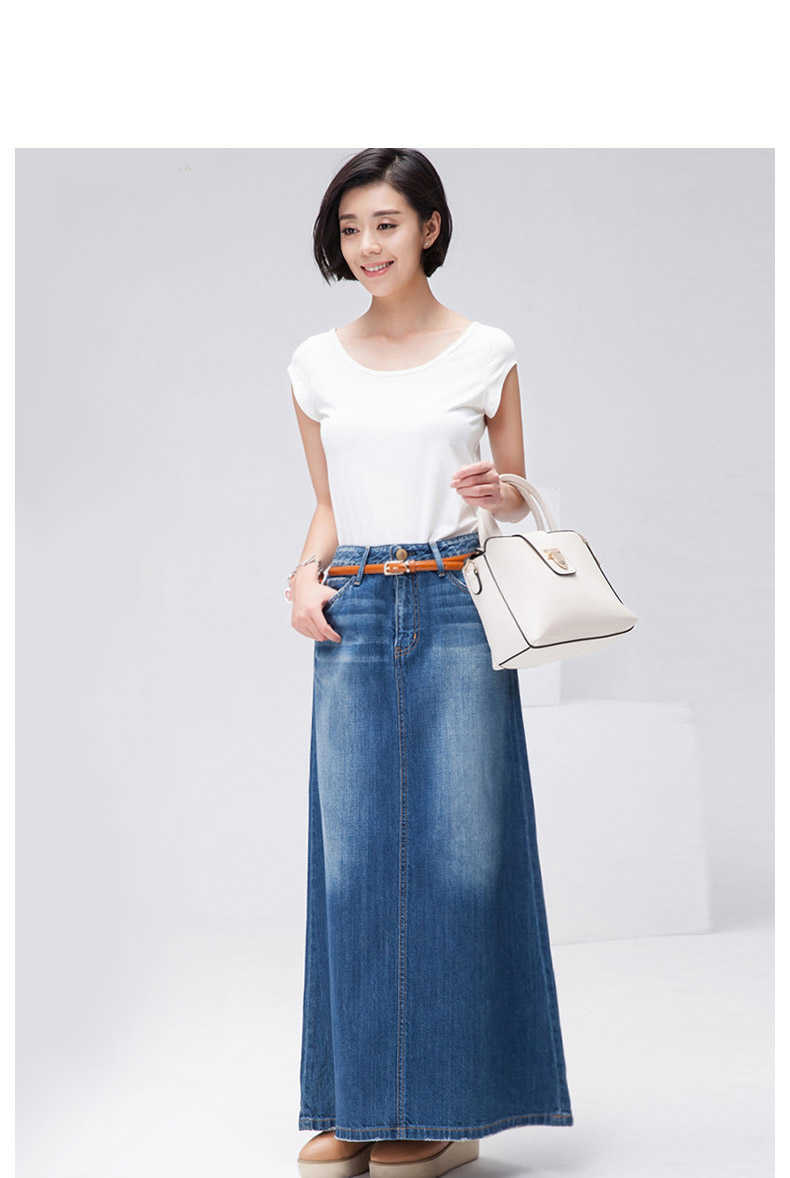 Korea style Long Casual Denim Skirt Summer autumn Women A-line Plus Size Maxi Skirts Woman High waist Jeans no belt 210604