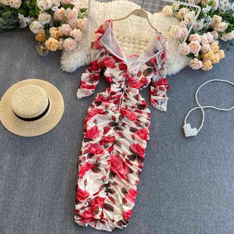 Pleated Floral Print Woman Maxi Dress Summer Elegant Party Lady Vestidos Women Sexy Pencil Long Dresses Robes 210519