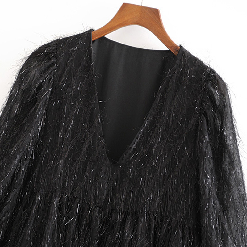 Women Mini Dress Long Sleeve V Neck Solid Tassel Party Casual Loose Pleated Short Female Christmas 210508