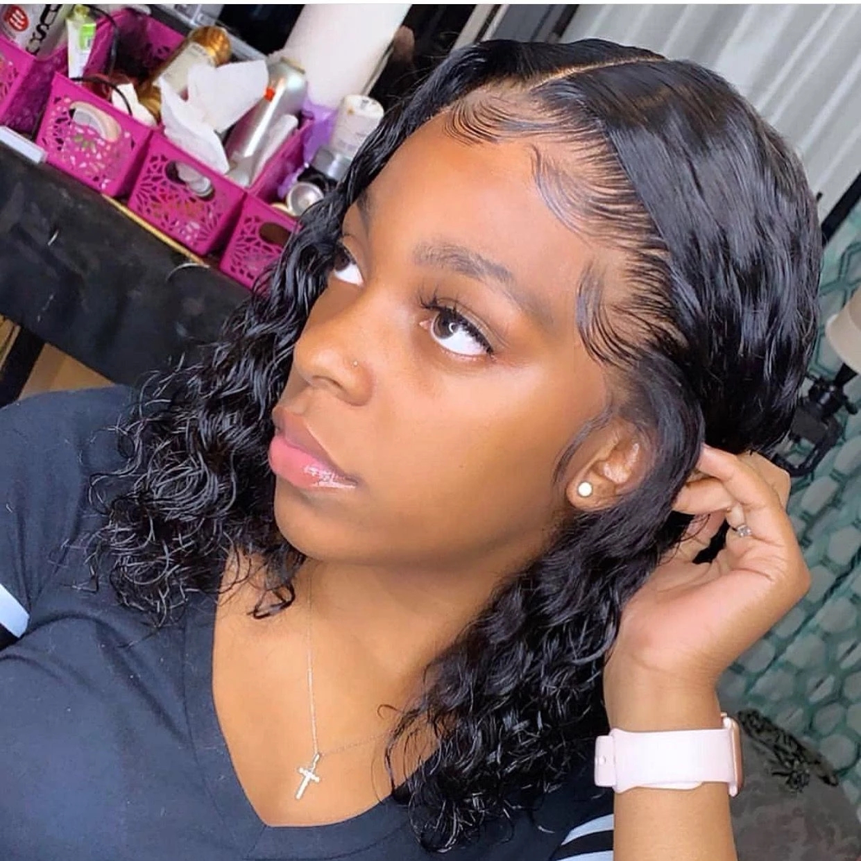 Free shipping Curly Short Bob Lace Front Human Hair Wigs Pre Plucked For Black Women Glueless Synthetic Deep Wave Wig