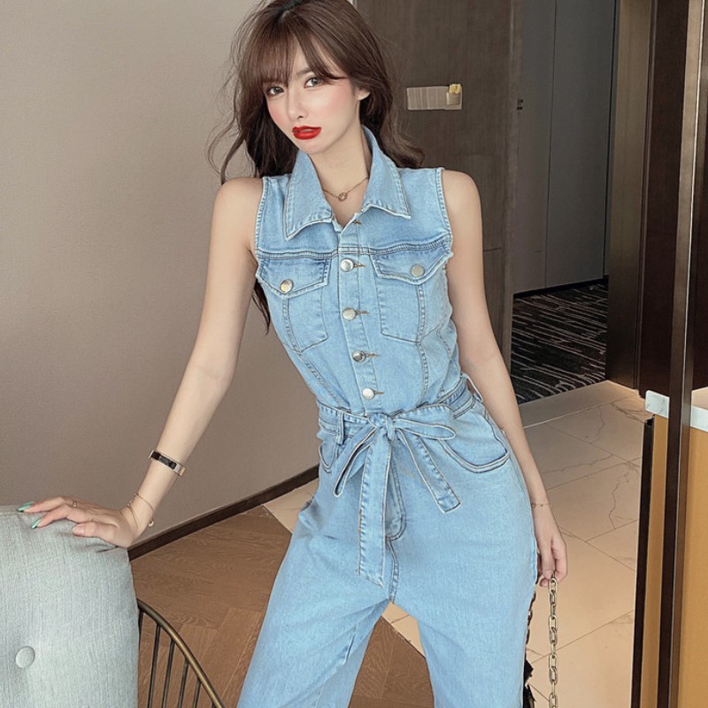 Summer Women Denim Overalls Korean Fashion Turn Down Collar Single-Breasted Sleeveless Rompers Jeans Female Slim Long Trousers 210519