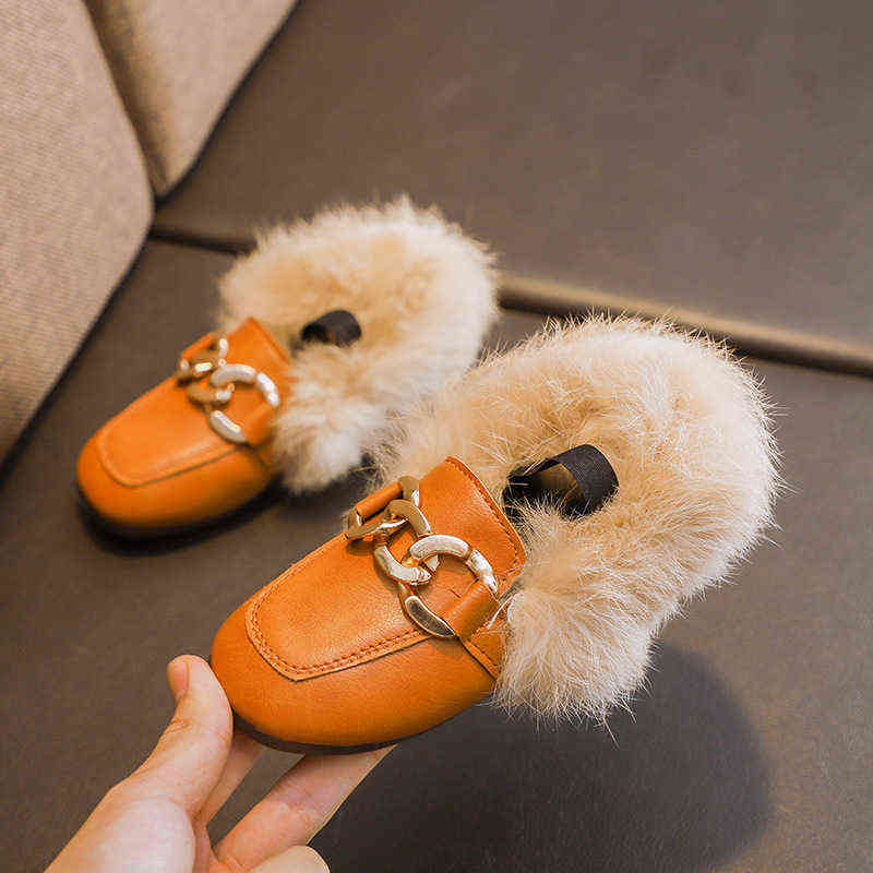 JGVIKOTO Autumn Winter Girls Shoes Warm Cotton Plush Fluffy Fur Kids Loafers With Metal Chain Boys Flats Children 220121
