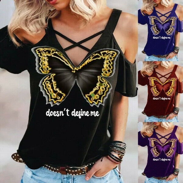 Women Summer Butterfly Print Strapless Casual V Neck Travel Tops Blouse T-Shirts, Purple
Women Summer Butterfly Print Strapless Casual V Neck Travel Tops Blouse T-Shirts, Purple