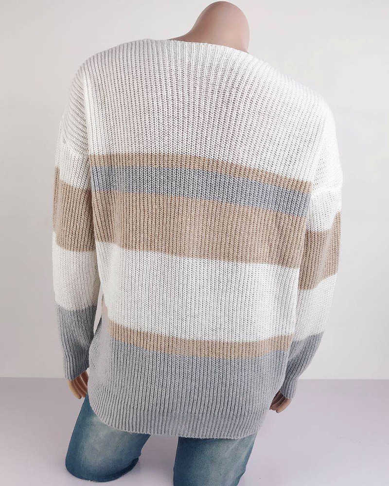 Sexy Deep V Neck Striped Patchwork Single Breasted Basic Sweater Women Casual All-match Ribbed Knitted Tops with Buttons 210604