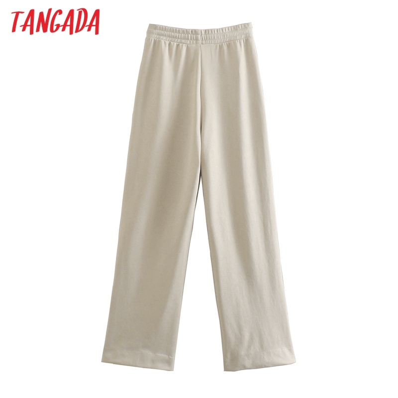 Women Sold Beige Long Trousers Vintage Style Strethy Waist Lady Pants Pantalon JE13 210416