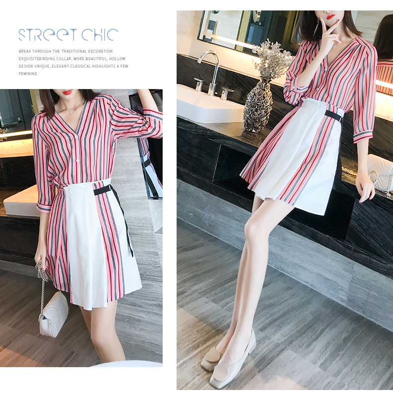 Women 2 Piece Set Spring chiffon Striped Blouse Shirts+High Waist Button Mini Skirts 2 Pieces Clothing Suits 210519