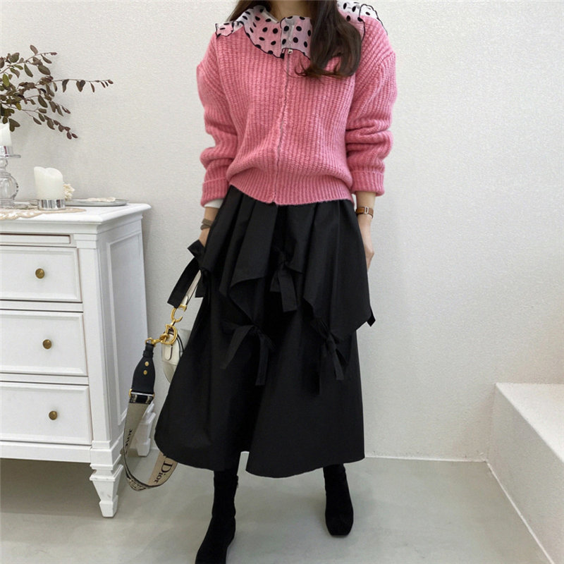 Black Bow Loose Elastic-Waist Solid High Waist A-Line Sweet Bottoming Brief Elegant Women OL Sexy Long Skirts 210421