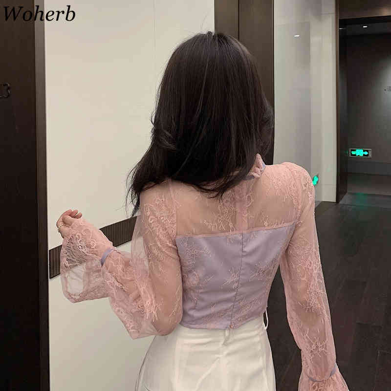 Women Shirt See Through Gauze Patchwork Lace Tops Bowkout Lace-up Stand Neck Hollow Out Flare Long Sleeve Crop Top Blouse 210519