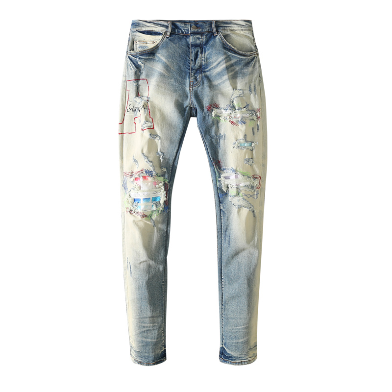 Mens jeans hole sanding patch printing letters European and American denim trend, Blue
Mens jeans hole sanding patch printing letters European and American denim trend, Blue