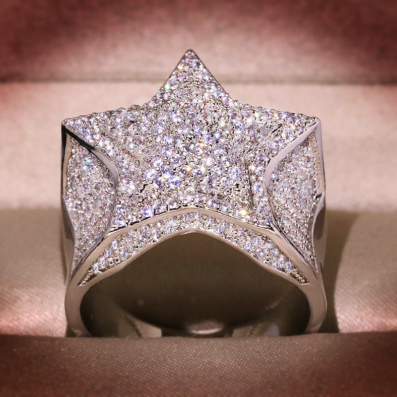 Mens Gold Ring Stones Iced Out Five-pointed Star Fashion Hip Hop Silver Rings Jewelry