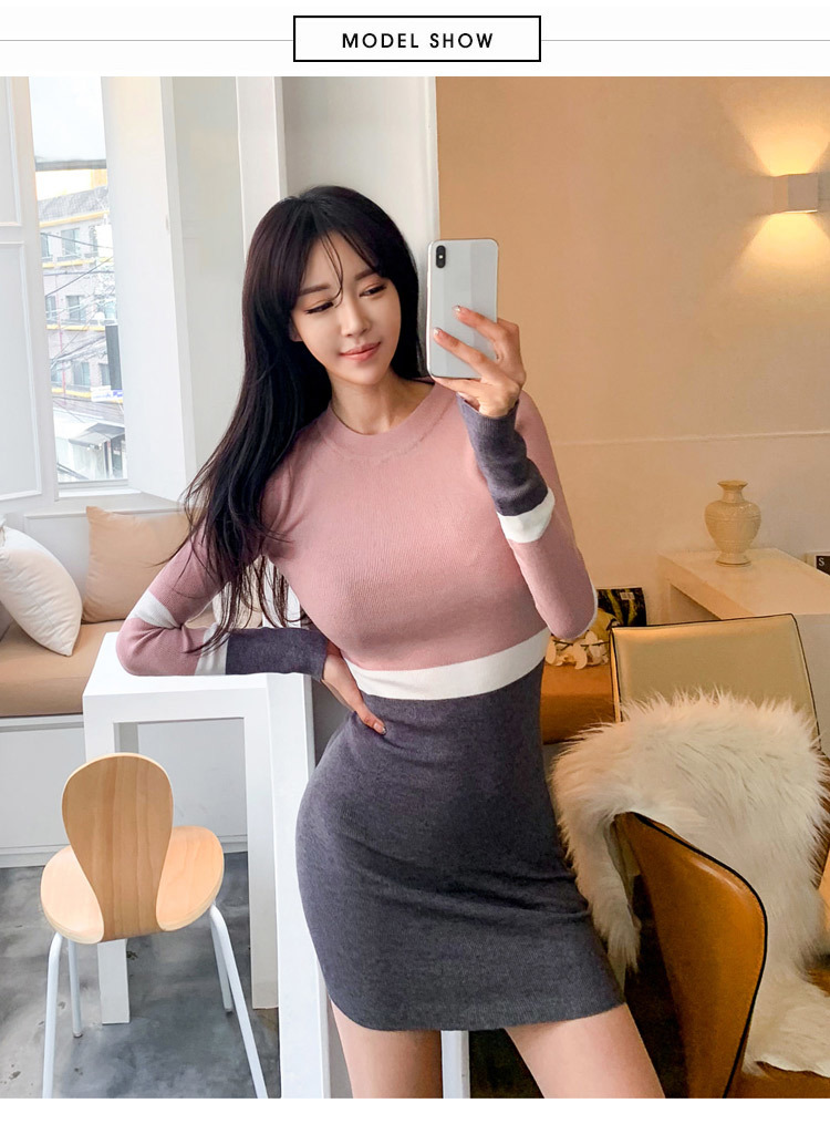 Autumn woman's sexy sweater dress women above knee Long sleeve Hit color knit sheath Mini female 210519