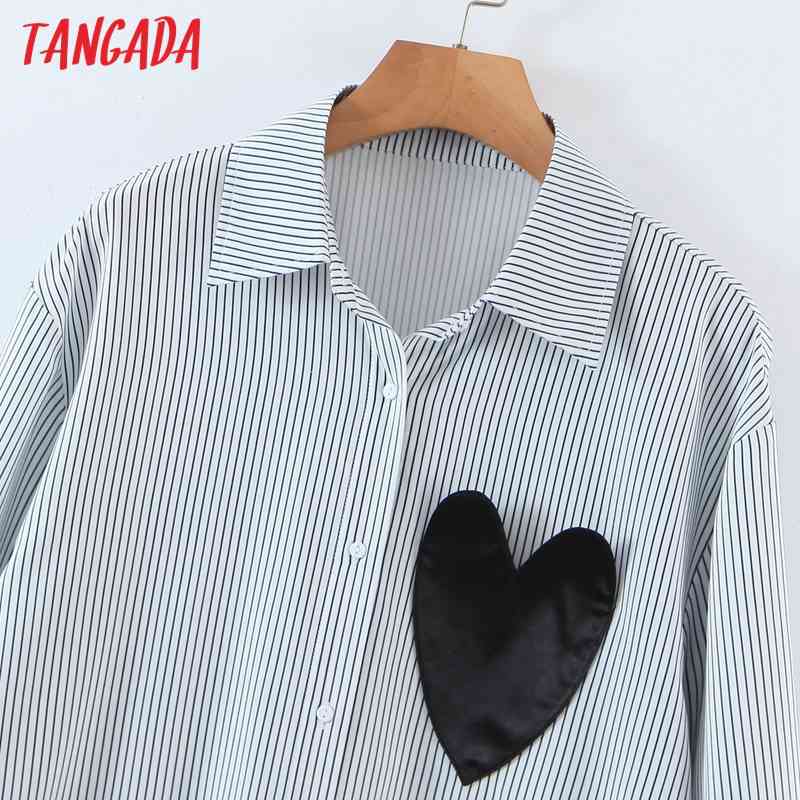 Women Striped Print Heart Pocket Long Sleeve Chic Female Casual Loose Shirt SL542 210416