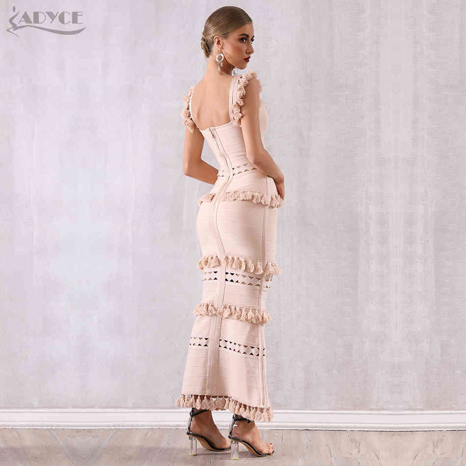 Summer Women Maxi Hollow Out Bandage Dress Sexy Sleeveless Tassel Club Fringe Celebrity Evening Party 210423