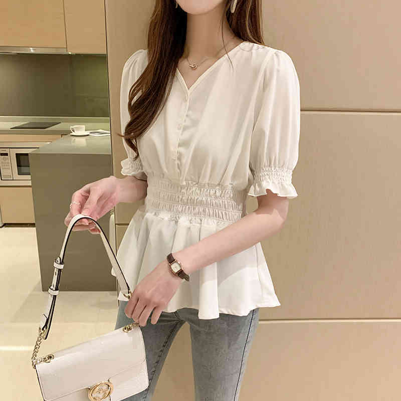 Korean Style All-match Short-Sleeve Blouse Women Blusas Mujer De Moda Slim Chiffon Shirt Summer Clothes 8971 50 210506
