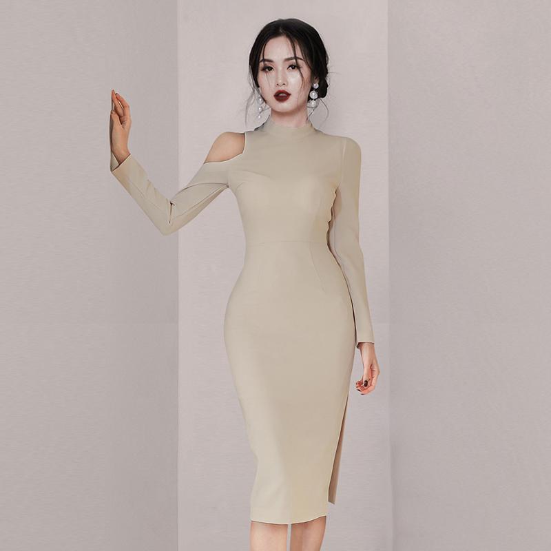 Lucyever Fashion Stand Collar Party Dress Womens Sexy Off Shoulder Slim Dresses Woman 2021 Elegant Slit Apricot Femme Casual
