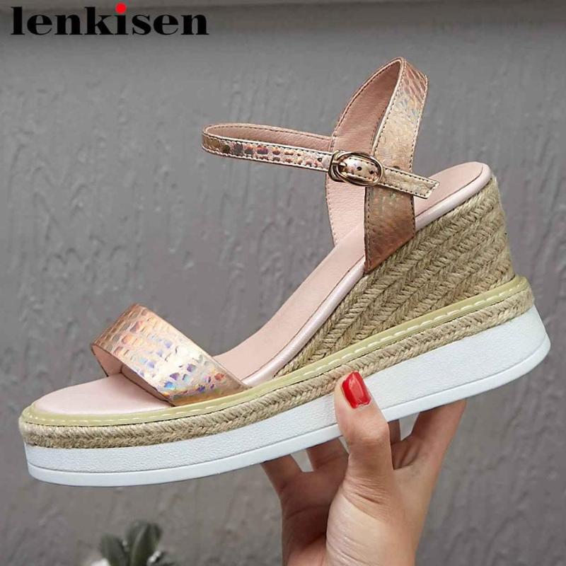 Lenkisen Concise Style Buckle Strap Straw Decoration Wedges Platform High Heels Cow Leather Summer Vocation Increased Shoes L99 Sandals, Black
Lenkisen Concise Style Buckle Strap Straw Decoration Wedges Platform High Heels Cow Leather Summer Vocation Increased Shoes L99 Sandals, Black