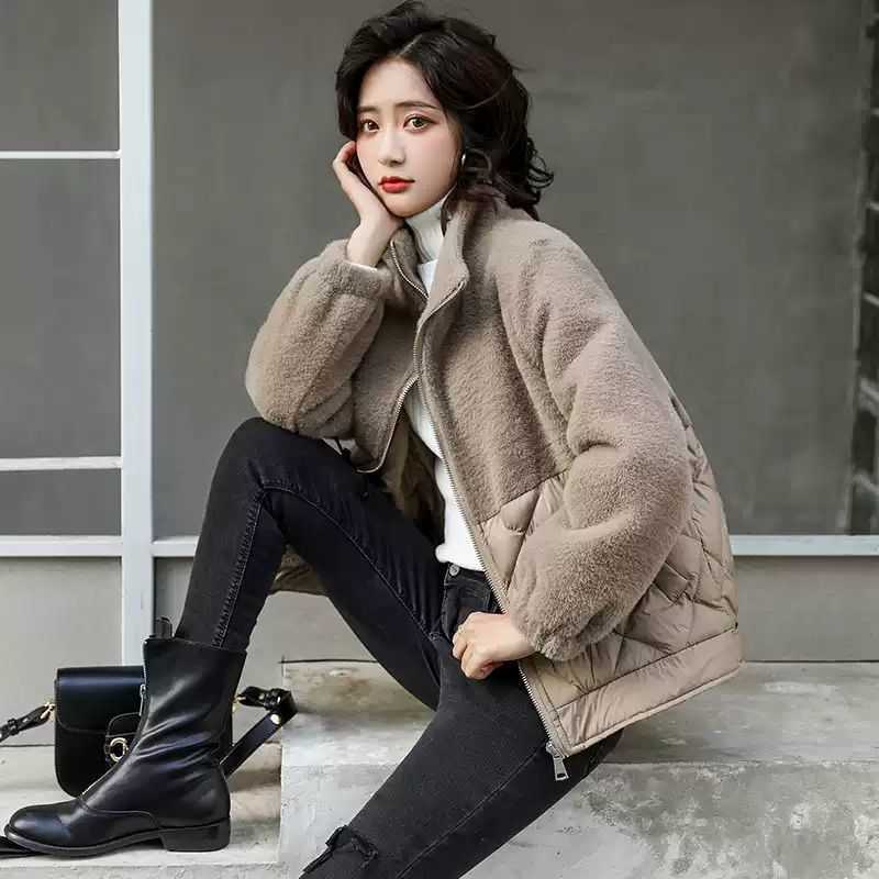 Women Loose Lightweight Short Parkas Jackets Lady Winter Patchwork Lambswool Jacket Female Cotton Padded Warm Faux Plush Outwear 210526