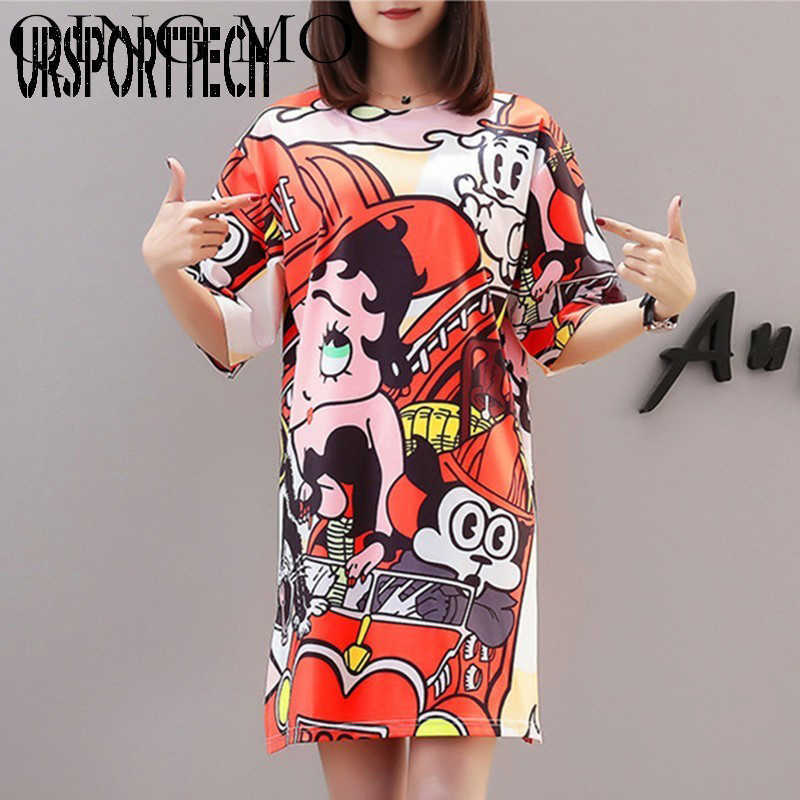 URSPORTTECH Summer T-shirts For Women Casual Cartoon Print Short Sleeve Oversize Tee Shirt Long Female Unique Tops 210528