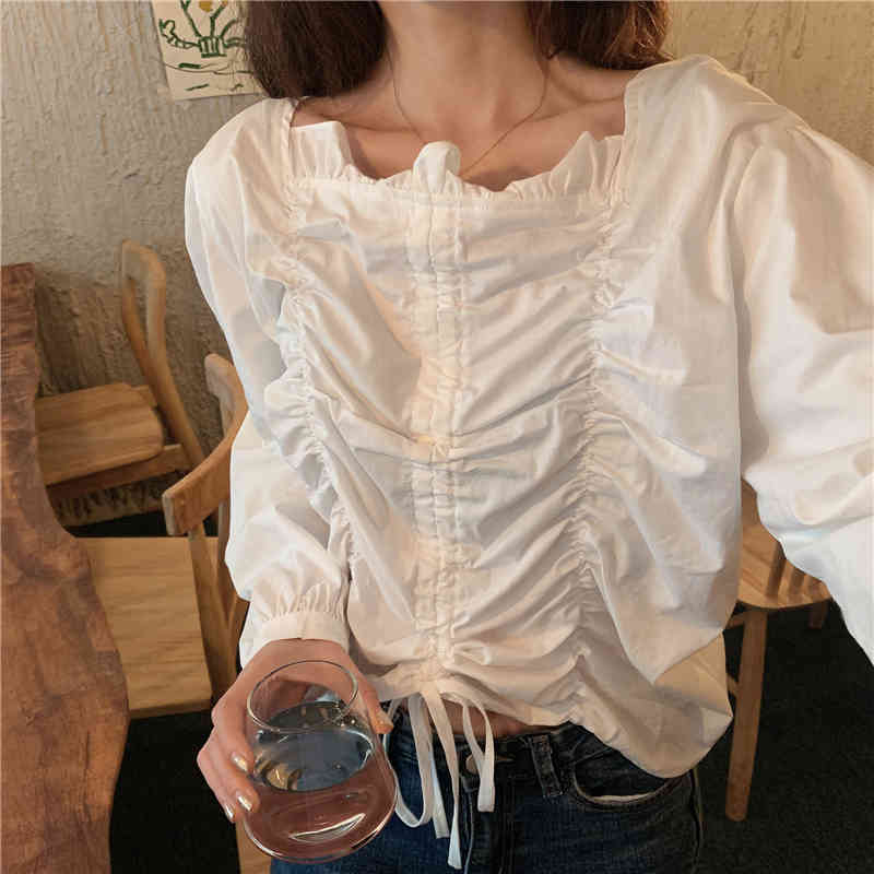 Korean Fashion Clothing Elastic Pleated Solid Drawstring Spring Blouse Blusas Mujer De Moda Puff Sleeve White Shirts 10118 210506