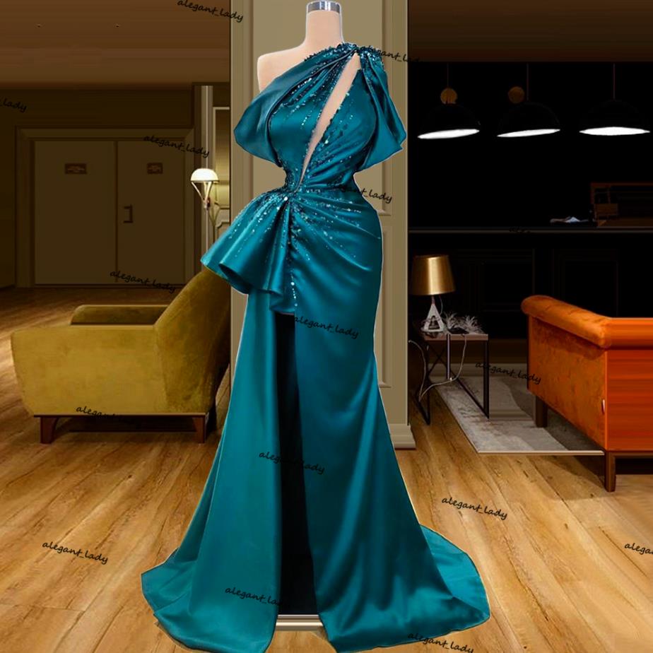 Split Slit Prom Dresses One Shoulder Beaded dubai arabic hunter Evening Gowns 2 Styles Long Party Night Dress Vestido De Fiesta